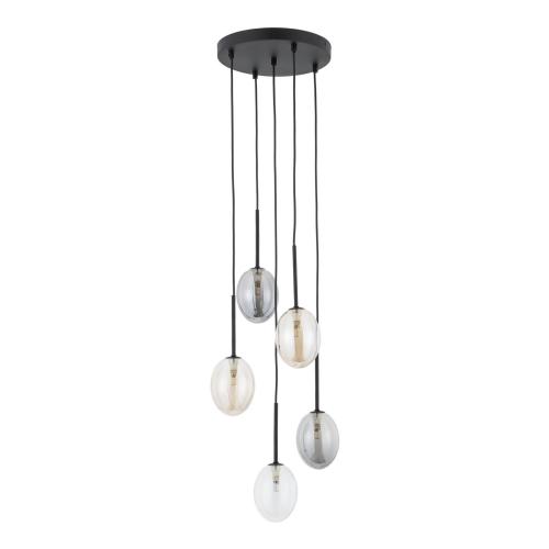 Ozdobna lampa PEARL wisząca, czarna podsufitka pięć szklanych kloszy 10844 TK Lighting