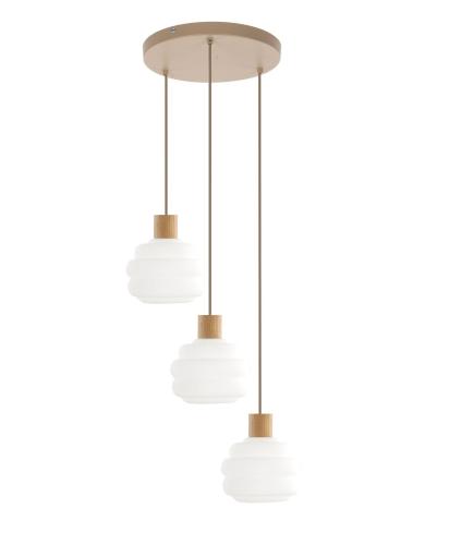 Lampa wisząca z białymi, szklanymi kloszami i drewnianymi detalami do jadalni MELIA 3xE27 KOŁO 11200 TK Lighting