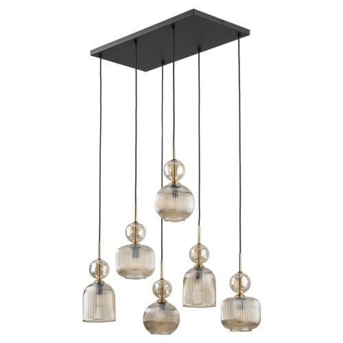 Lampa wisząca z sześcioma szklanymi, bursztynowymi kloszami na prostokątnej rozecie do jadalni SOPHIA COGNAC 6xE14 11044 TK Lighting