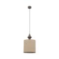 Pojedyncza brązowa lampa wisząca z dekoracyjnym detalem nad lnianym kloszem AMURA NEW BROWN 1xE27 11438 TK Lighting