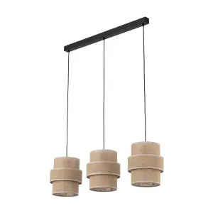 Lampa wisząca z trzema brązowymi abażurami na czarnej listwie do salonu w stylu boho CALISTO JUTA 3xE27 - 10978