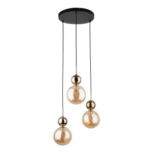 Lampa wisząca z trzema szklanymi, bursztynowymi kloszami i złotymi akcentami w stylu glamour SIA GOLD 10898 3xG9 TK Lighting