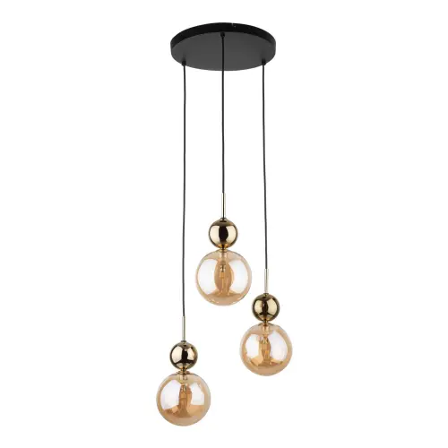 Lampa wisząca z trzema szklanymi, bursztynowymi kloszami i złotymi akcentami w stylu glamour SIA GOLD 10898 3xG9 TK Lighting