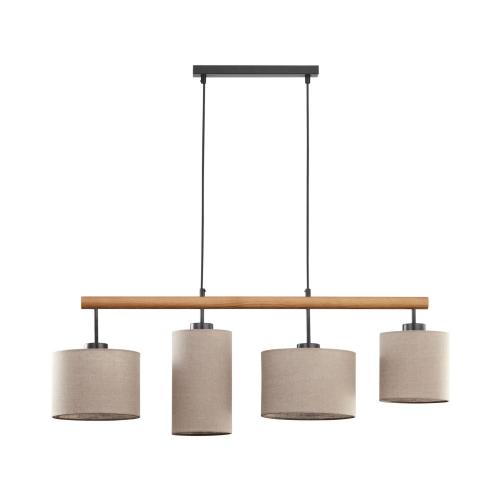 Nowoczesna lampa wisząca na drewnianej belce z czterema różnymi abażurami z lnu DEVA NATURE 6108 4xE27 TK Lighting