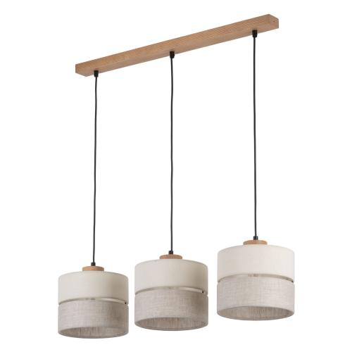Lampa wisząca z trzema podwieszanymi kloszami na drewnianej belce do jadalni, styl skandynawski ECO 5771 3xE27 TK Lighting