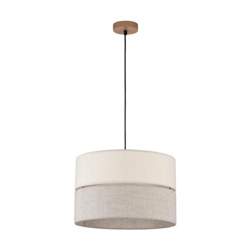 Lampa wisząca z szaro-beżowym abażurem i drewnianą rozetą, idealna nad stół do jadalni ECO 5772 1xE27 TK Lighting